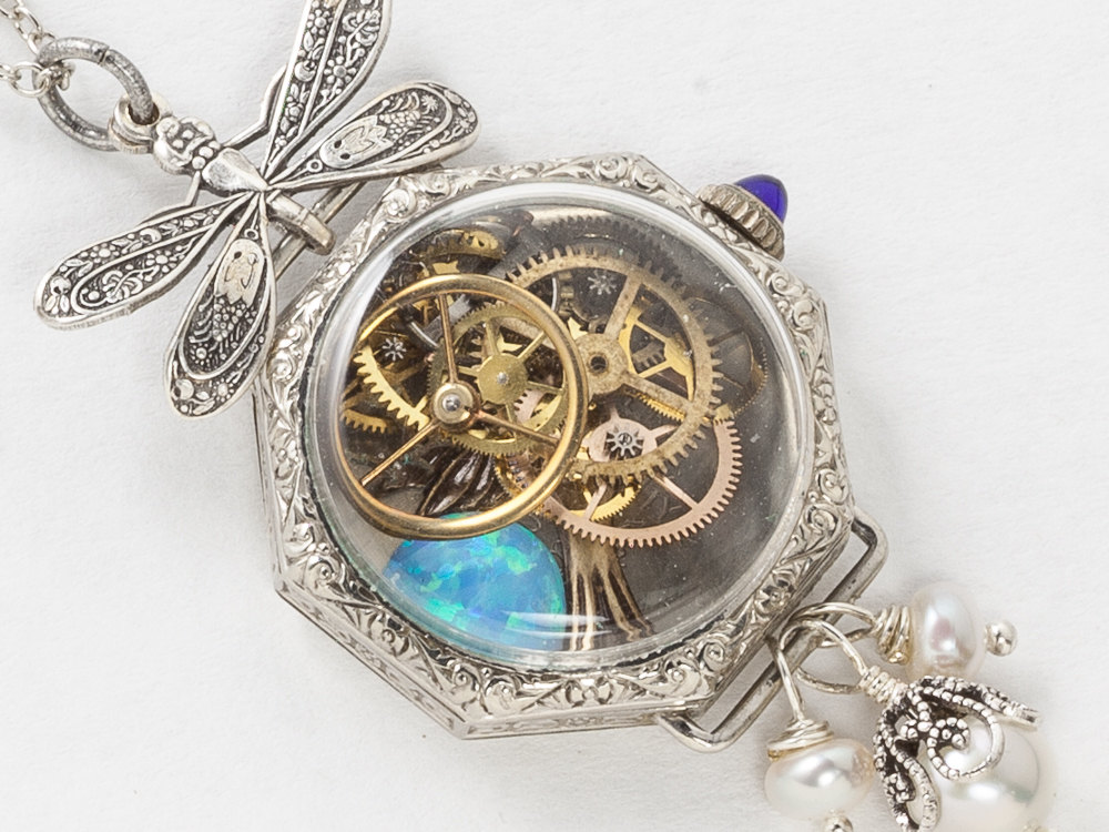 14K White Gold Filled Watch Case Necklace with Gears Hummingbird Opal Blue Sapphire Pearl Silver Dragonfly Pendant Locket