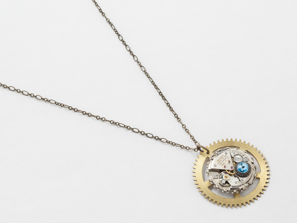 Antique Clockwork Necklace Brass Clock Gear Pendant with Silver Watch Movement and Blue Topaz Crystal Mens Steampunk Jewelry