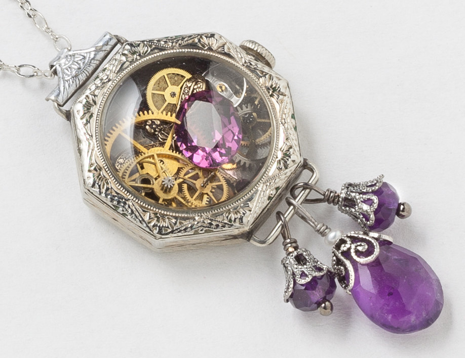 Antique Edwardian Watch Case Necklace in 14K White Gold Filled with Gears Dragonfly Charm Genuine Amethyst Pearl and Purple Crystal