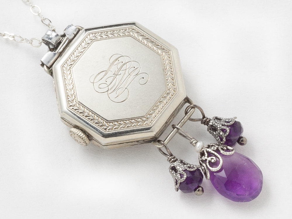 Antique Edwardian Watch Case Necklace in 14K White Gold Filled with Gears Dragonfly Charm Genuine Amethyst Pearl and Purple Crystal