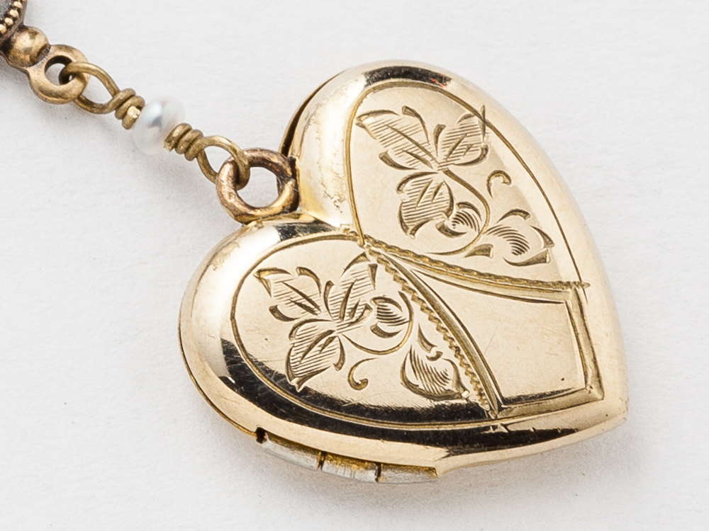 Antique Gold Heart Locket Necklace Gold Filled Locket Photo Locket Leaf and Flower with Genuine Pearls Dragonfly Charm