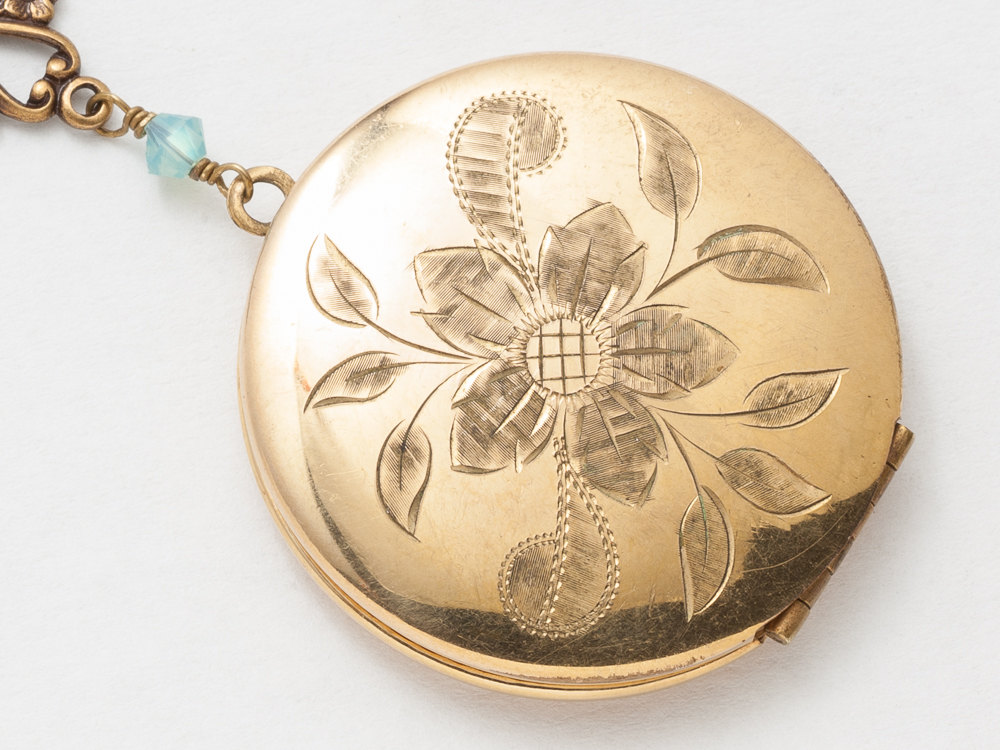 Antique Gold Locket Necklace Gold Filled Locket Locket Pendant with Genuine Aquamarine Agate Blue Crystal Photo Locket Jewelry