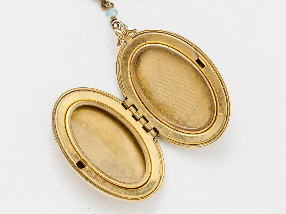 Antique Gold Locket Necklace Gold Filled Locket Locket Pendant with Genuine Aquamarine Blue Crystal Dragonfly Photo Locket