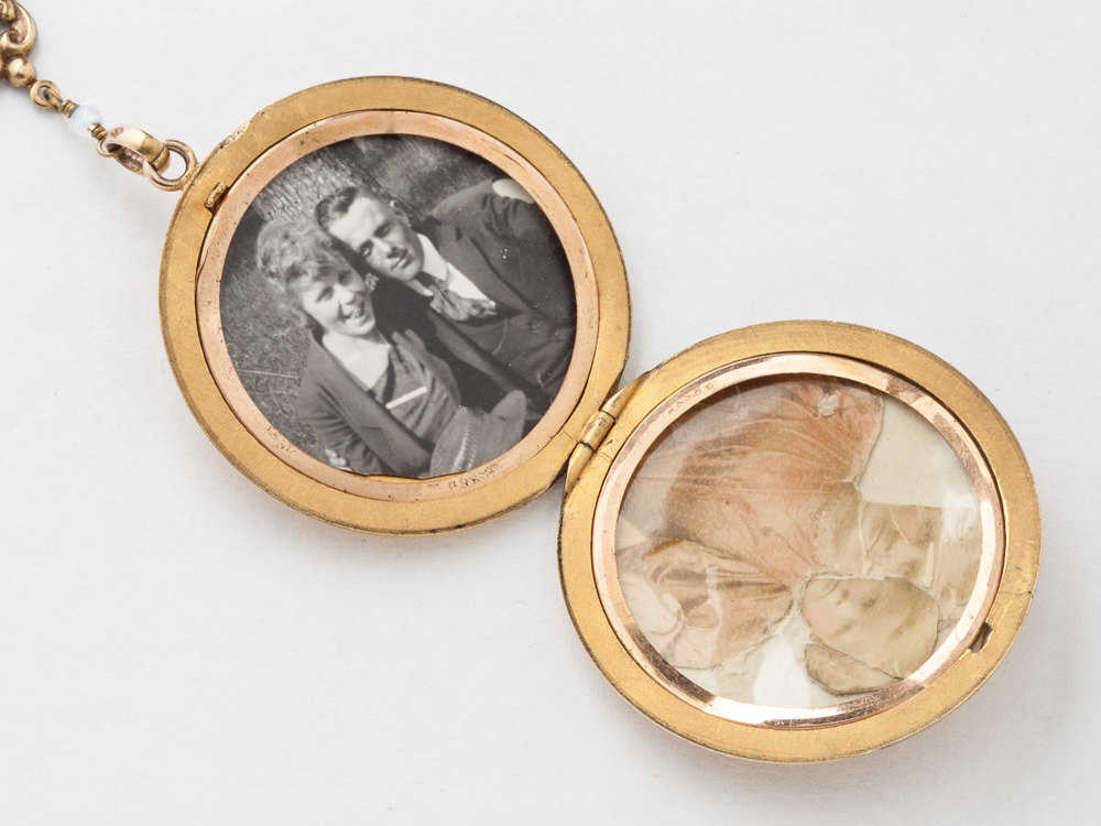 Antique Gold Locket Necklace Gold Filled Locket Locket Pendant with Genuine Garnet Opal Dragonfly Charm Photo Locket Jewelry