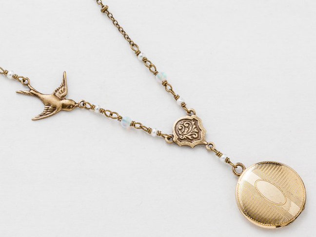 Antique Gold Locket Necklace Gold Filled Locket Locket Pendant with Opal Beads Genuine Pearls Bird Charm Photo Locket