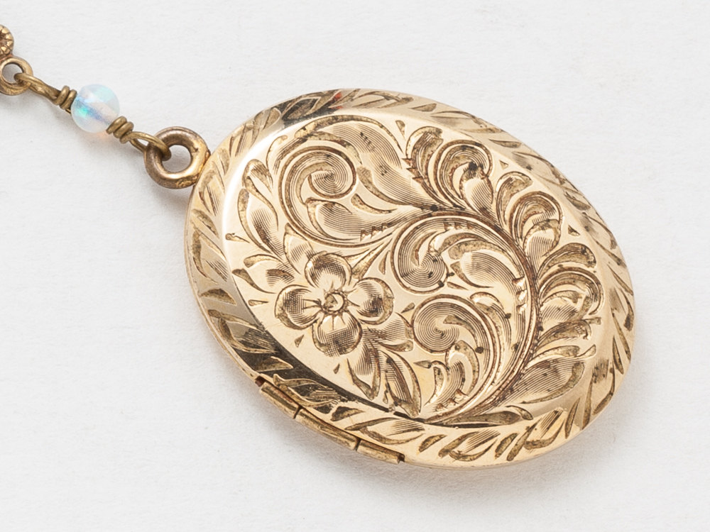 antique gold locket necklace gold filled locket locket with opal beads filigree flower charm photo locket pendant wedding 475581452 2