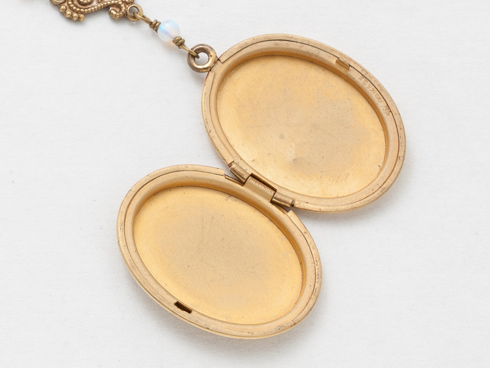 Antique Gold Locket Necklace Gold Filled Locket Locket with Opal Beads Filigree Flower Charm Photo Locket Pendant Wedding