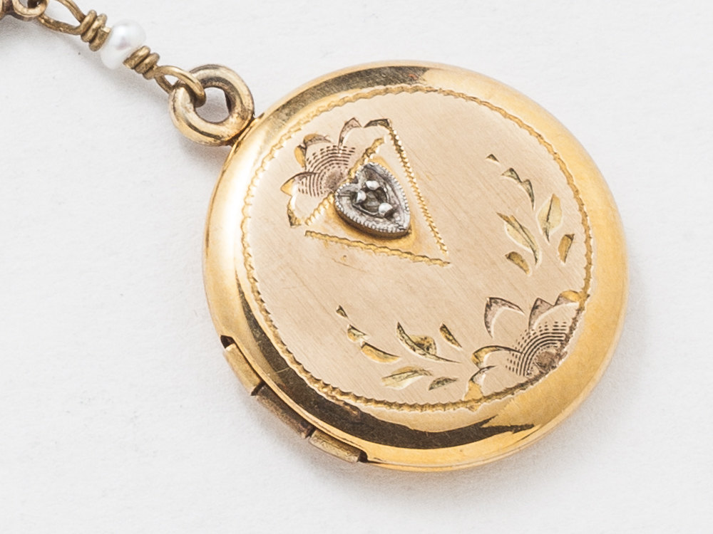 Antique Gold Locket Necklace Gold Filled Locket Photo Locket Leaf and Flower Engraved with Genuine Pearls Diamond Dragonfly