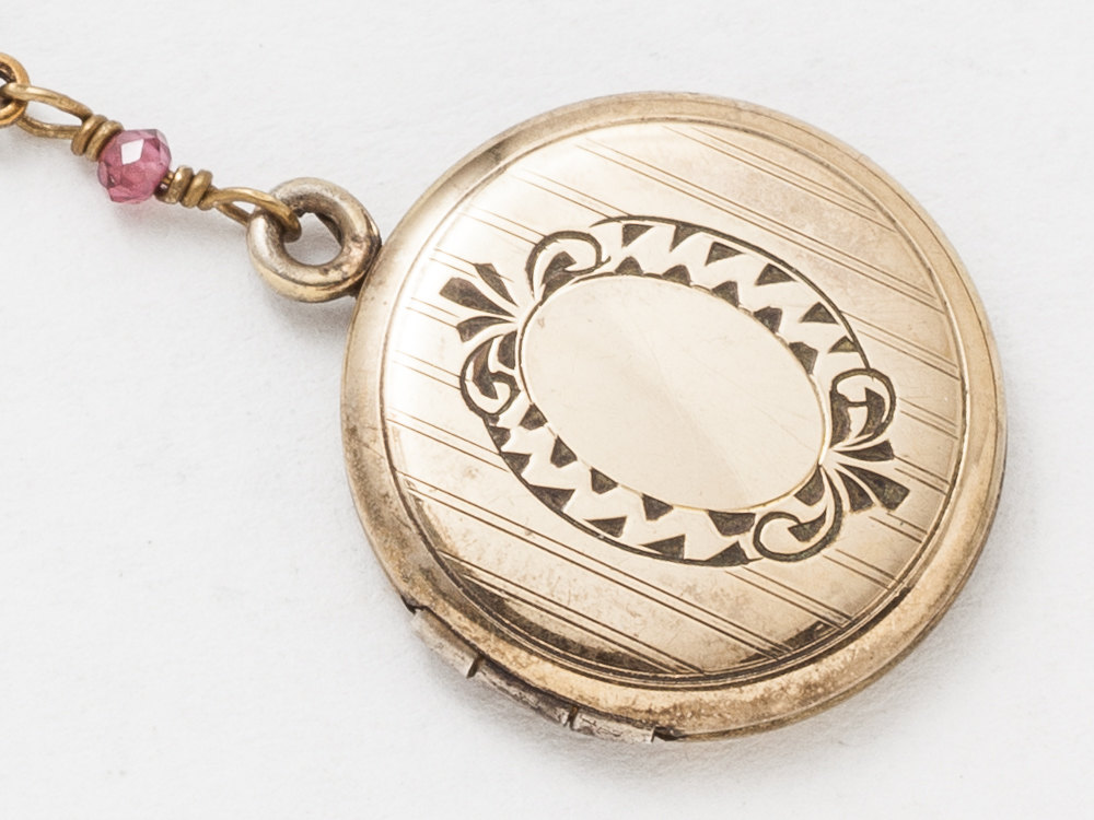 Antique Gold Locket Necklace Gold Filled Locket Photo Locket Scroll Engraved with Genuine Rhodalite Garnet Leaf Motif