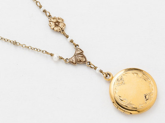 Antique Gold Locket Necklace Gold Filled Locket Photo Locket Scroll Leaf Engraved with Genuine Pearls and Flower Charm