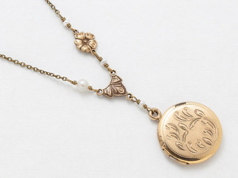 Antique Gold Locket Necklace Gold Filled Locket Photo Locket Scroll Leaf Engraved with Genuine Pearls and Flower Charm