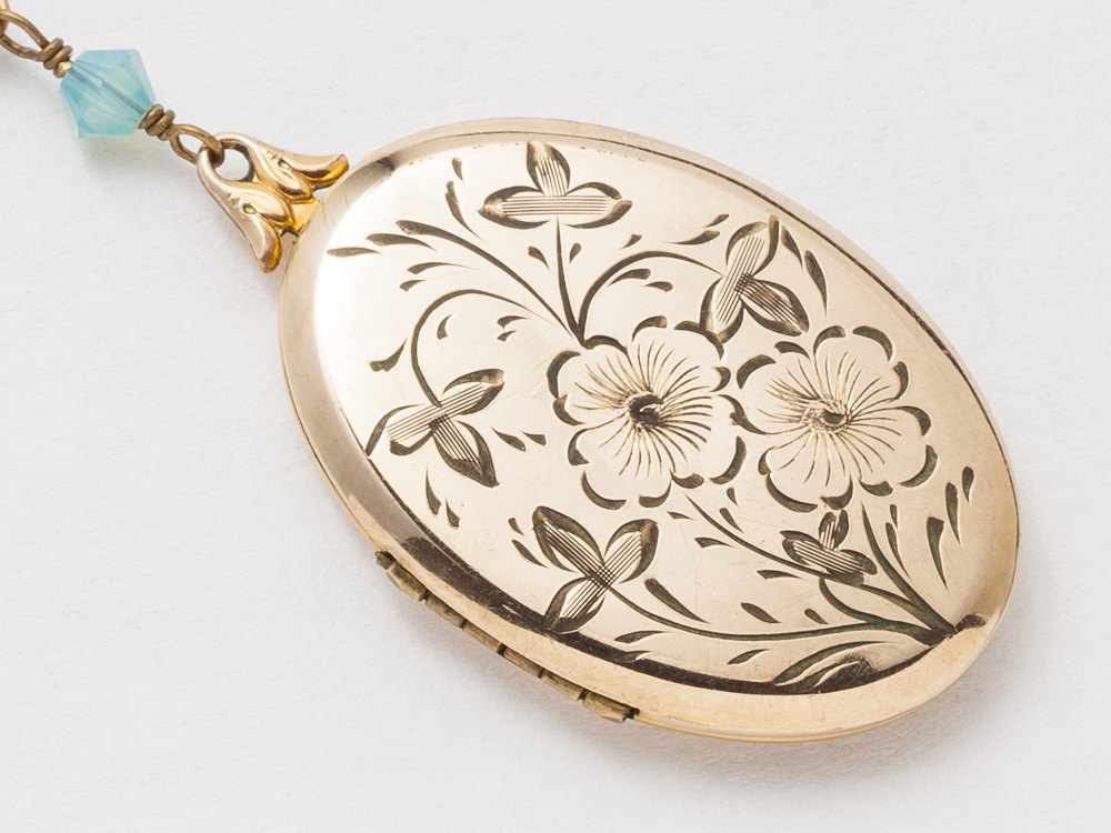 Antique Gold Locket Necklace Gold Filled Locket with Aquamarine Labradorite Blue Crystal Dragonfly Leaf Flower Etched Locket