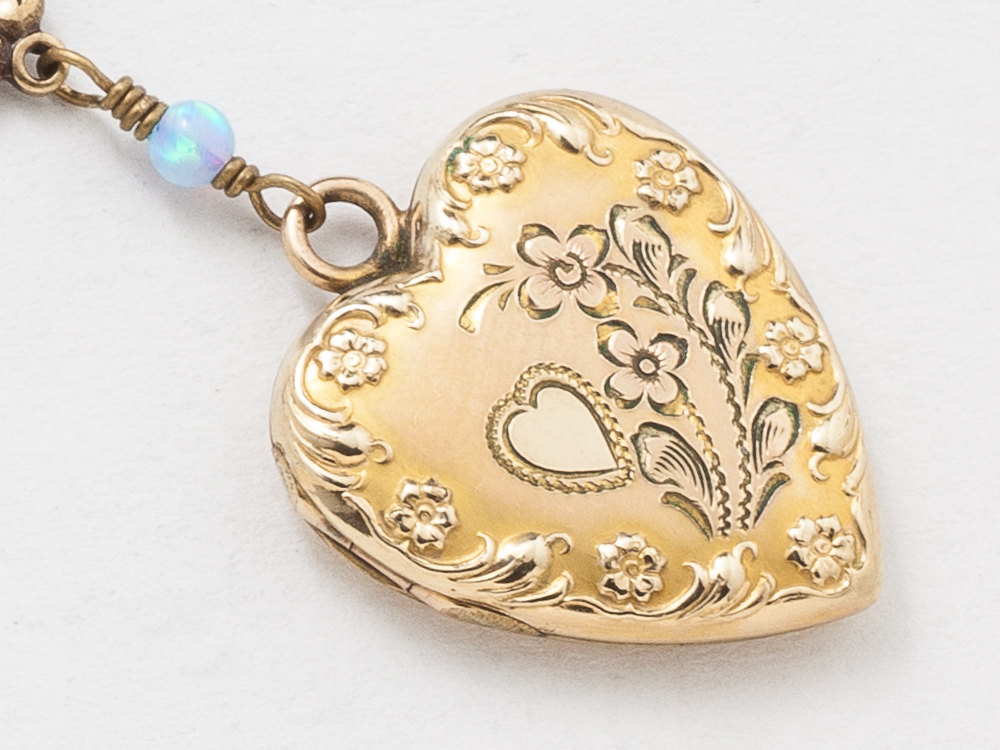 Antique Gold Locket Necklace Repousse Heart Locket Gold Filled Locket with Opal and Flower Charm Leaf Etched Photo locket Jewelry