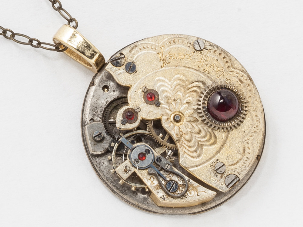 Antique Gold Pocket Watch Necklace with Flower Engraving and Genuine Red Garnet Gemstone Pendant Clockwork Statement Steampunk Jewelry