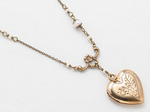 Antique Heart Locket Necklace Gold Filled Locket Photo Locket Leaf Flower Etched with Pearls Sterling Silver Heart