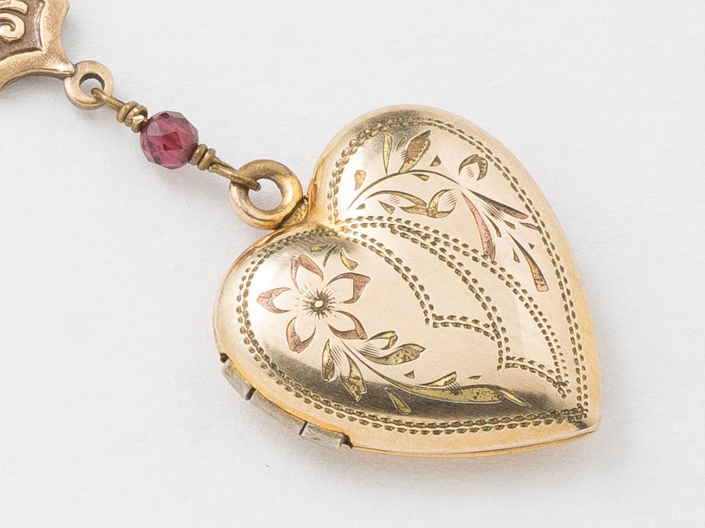 Antique Locket Gold Heart Necklace Gold Filled Locket Heart Locket with Genuine Red Garnet Flower Charm Leaf Engraving Photo Locket