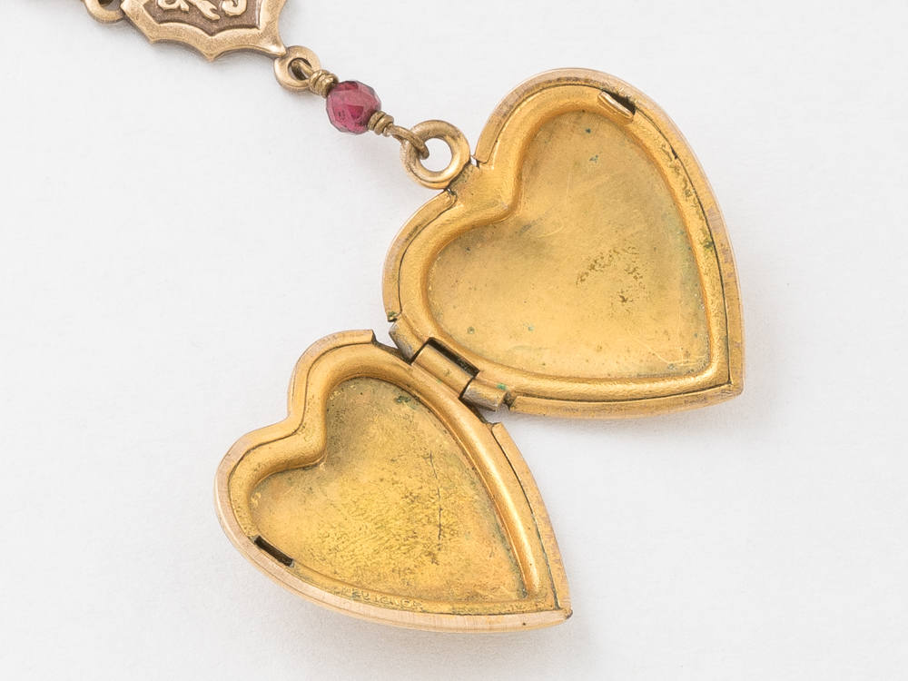 Antique Locket Gold Heart Necklace Gold Filled Locket Heart Locket with Genuine Red Garnet Flower Charm Leaf Engraving Photo Locket