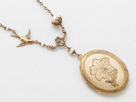 Antique Locket Locket Necklace Gold Filled Locket with Etched Flower Genuine Pearls Bird Charm Photo Locket Bridal Jewelry