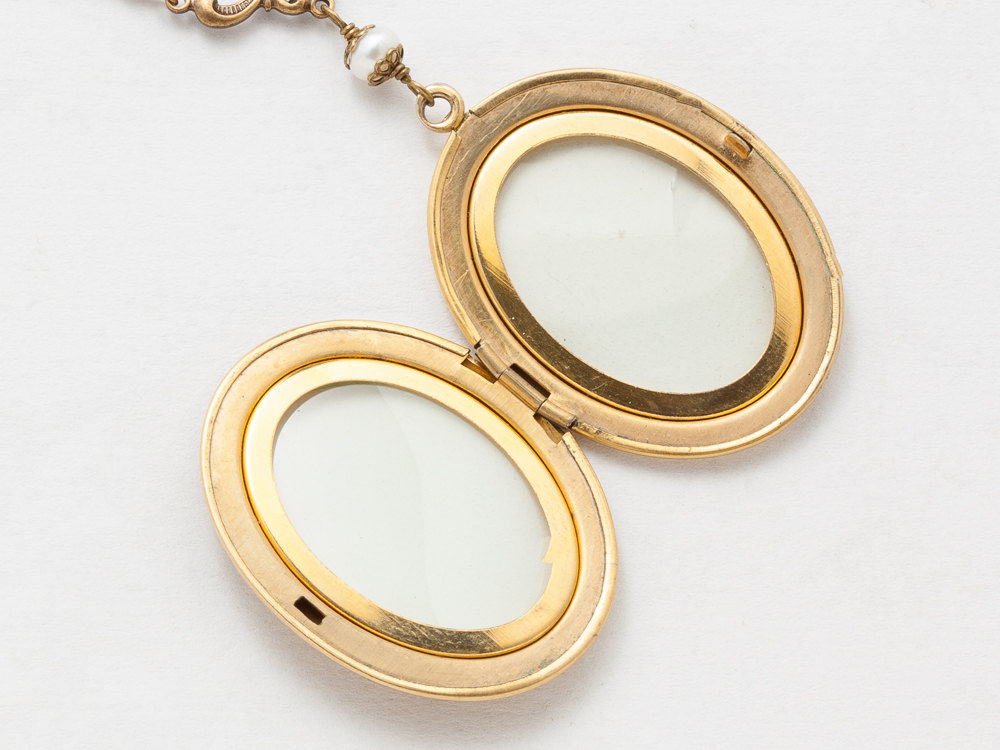 Antique Locket Locket Necklace Gold Filled Locket with Etched Flower Genuine Pearls Bird Charm Photo Locket Bridal Jewelry
