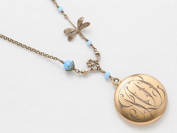 Antique Locket Necklace Gold Filled Locket Victorian Locket Pendant with Blue Opal Beads Dragonfly Charm Filigree Photo Locket