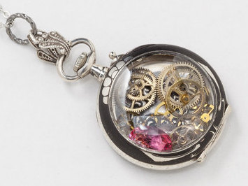Antique Pocket Watch Case Necklace Art Nouveau Neillo Watch Pendant in Sterling Silver with Leaf Etching Pink Crystal Heart Charm Locket