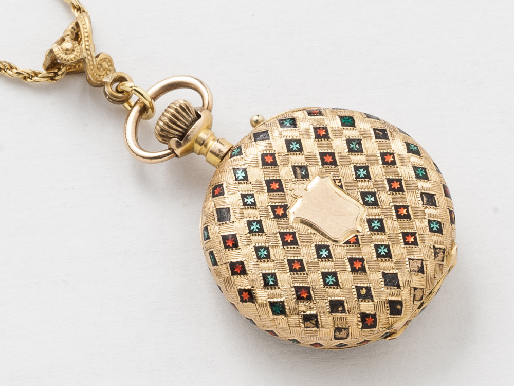 Antique Pocket Watch Case Necklace in Solid 18K Gold with Genuine Garnet Gears Green Red Enamel Victorian Locket Pendant Jewelry