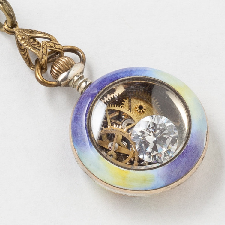 Antique Pocket Watch Case Necklace in Sterling Silver Rose Gold with Enamel Pansy Crystal Heart Charm and Gears Victorian Locket