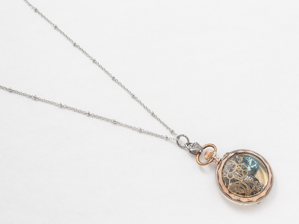 Antique Pocket Watch Case Necklace in Sterling Silver Rose Gold with Gears Blue Topaz Crystal Filigree and Owl Steampunk Locket