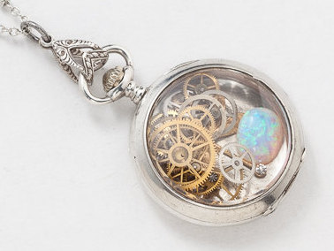 Antique Pocket Watch Case Necklace in Sterling Silver with Gears Wheels Opal Gold Dragonfly Pendant Swarovski Crystal Victorian Locket