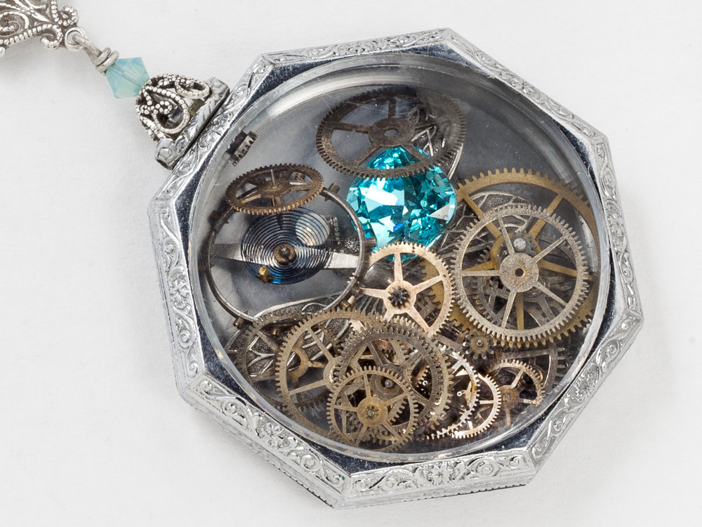 Antique Silver Pocket Watch Case Necklace with Dragonfly Charm Gears and Blue Topaz Crystal Engraved Locket Steampunk jewelry