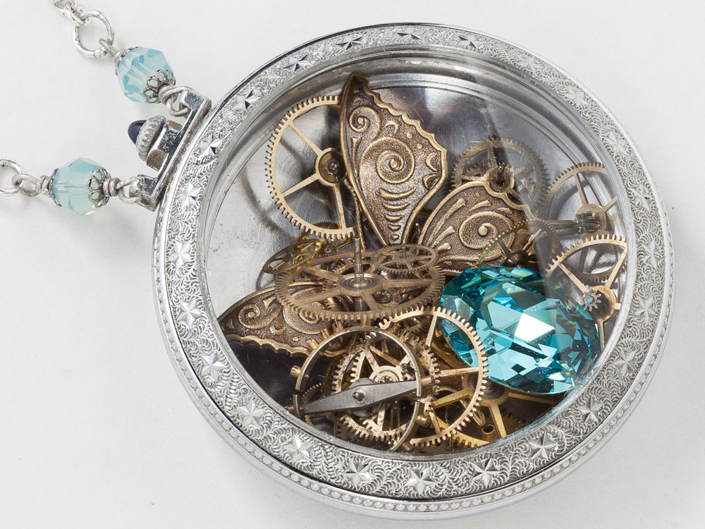 Antique Silver Pocket Watch Case Necklace with Gold Butterfly Gears Blue Sapphire and Aquamarine Crystal Engraved Locket