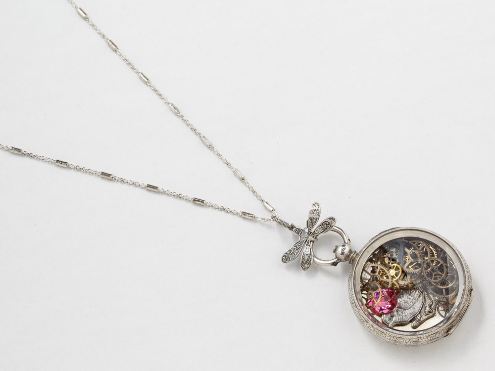 Antique Sterling Silver Pocket Watch Case Necklace Hand Engraved Flowers with Bird Dragonfly Gears and Pink Tourmaline Locket