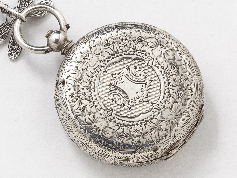 Antique Sterling Silver Pocket Watch Case Necklace Hand Engraved Flowers with Bird Dragonfly Gears and Pink Tourmaline Locket