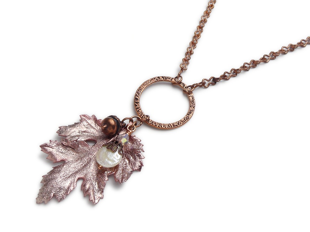 Antiqued copper necklace real leaf acorn charm filigree pearl circle purple Swarovski crystal pendant jewelry