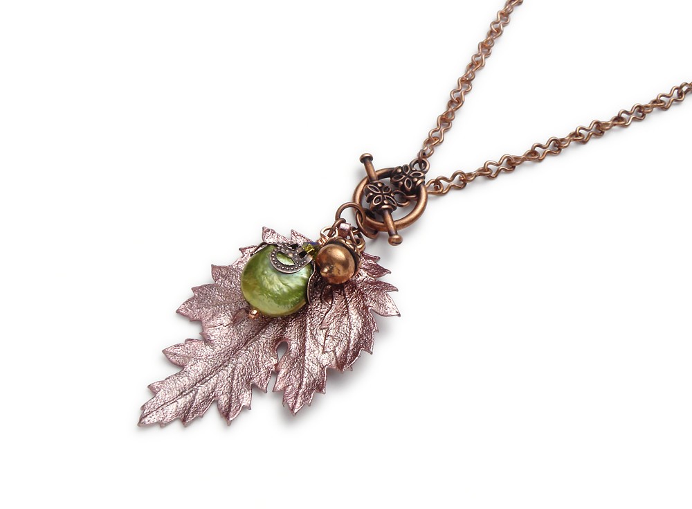 Antiqued copper necklace real leaf acorn filigree genuine green pearl Swarovski crystal pendant lariat design