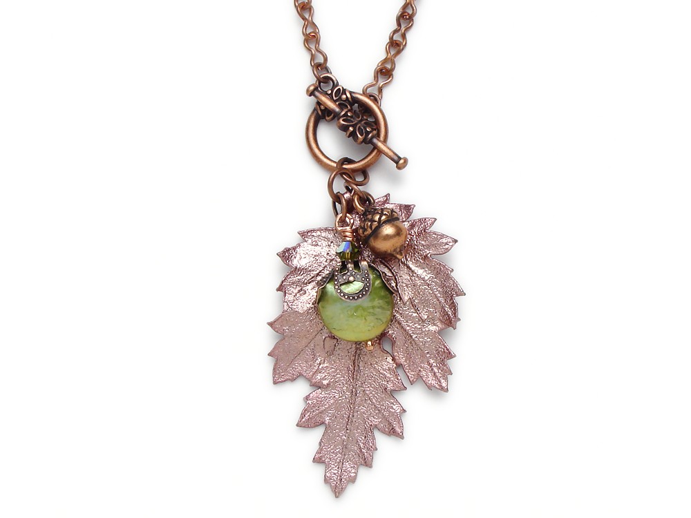 Antiqued copper necklace real leaf acorn filigree genuine green pearl Swarovski crystal pendant lariat design