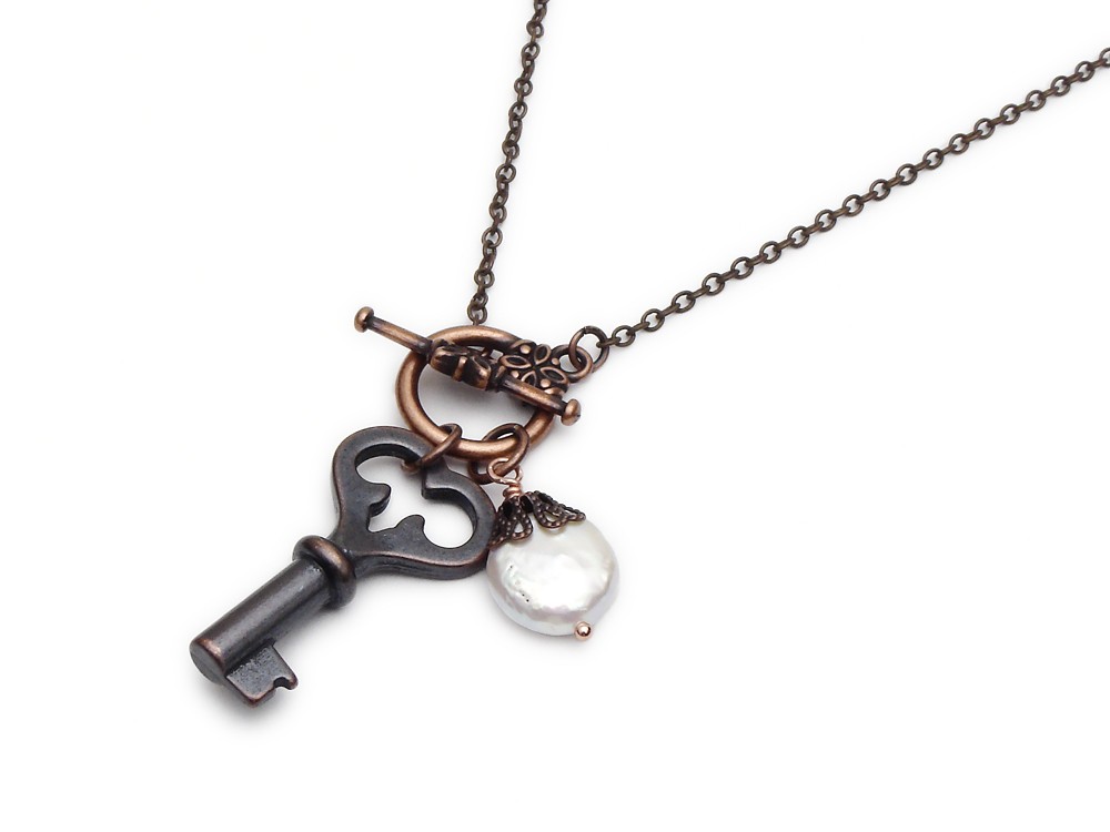 Antiqued copper skeleton key charm necklace genuine pearl filigree
