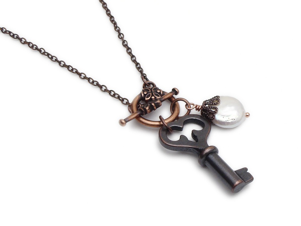 Antiqued copper skeleton key charm necklace genuine pearl filigree