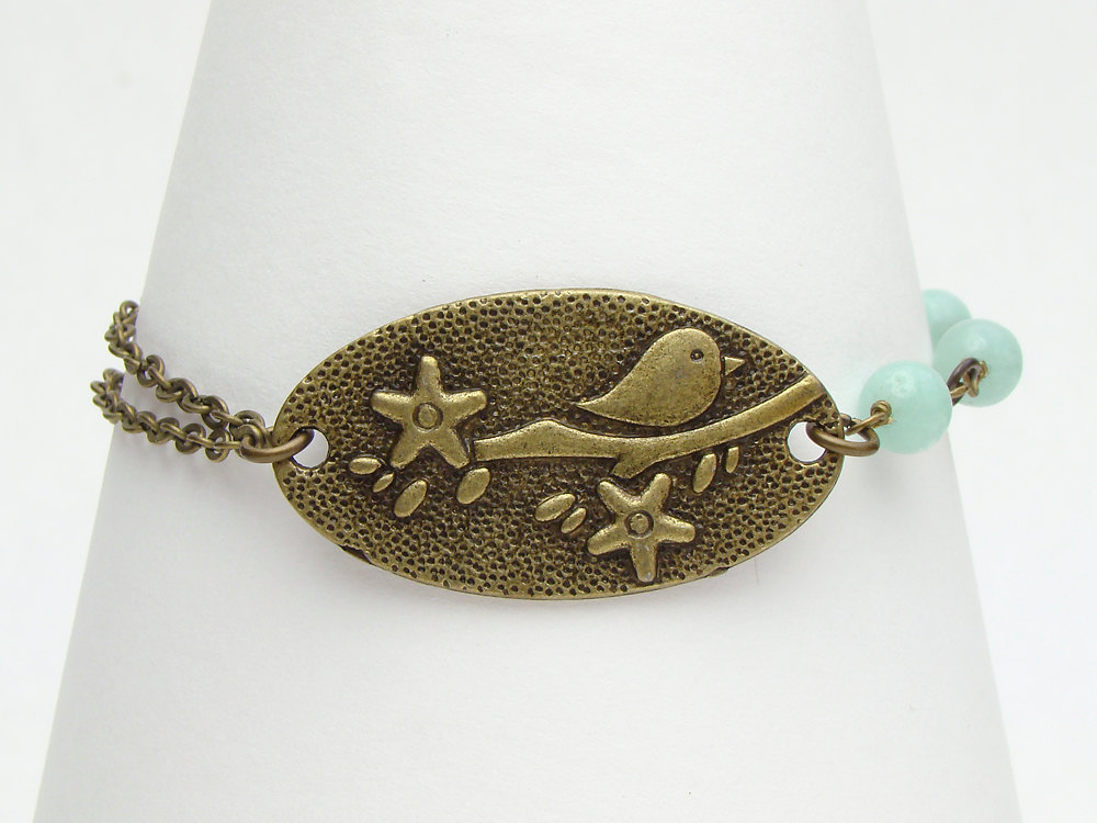 Antiqued gold brass bird birdie flowering branch asymmetrical bracelet genuine blue green Amazonite beads jewelry