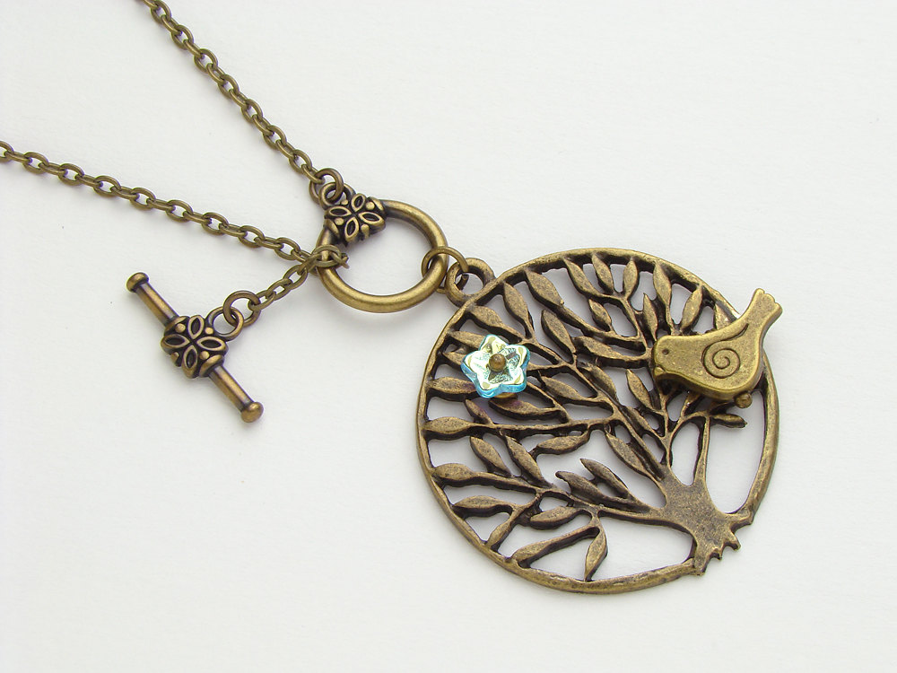 Antiqued gold brass bird birdie on tree of life branch necklace blue glass flower pendant jewelry