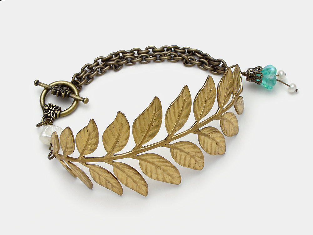 Antiqued gold brass fern leaf bracelet genuine pearls aquamarine blue glass flower filigree jewelry
