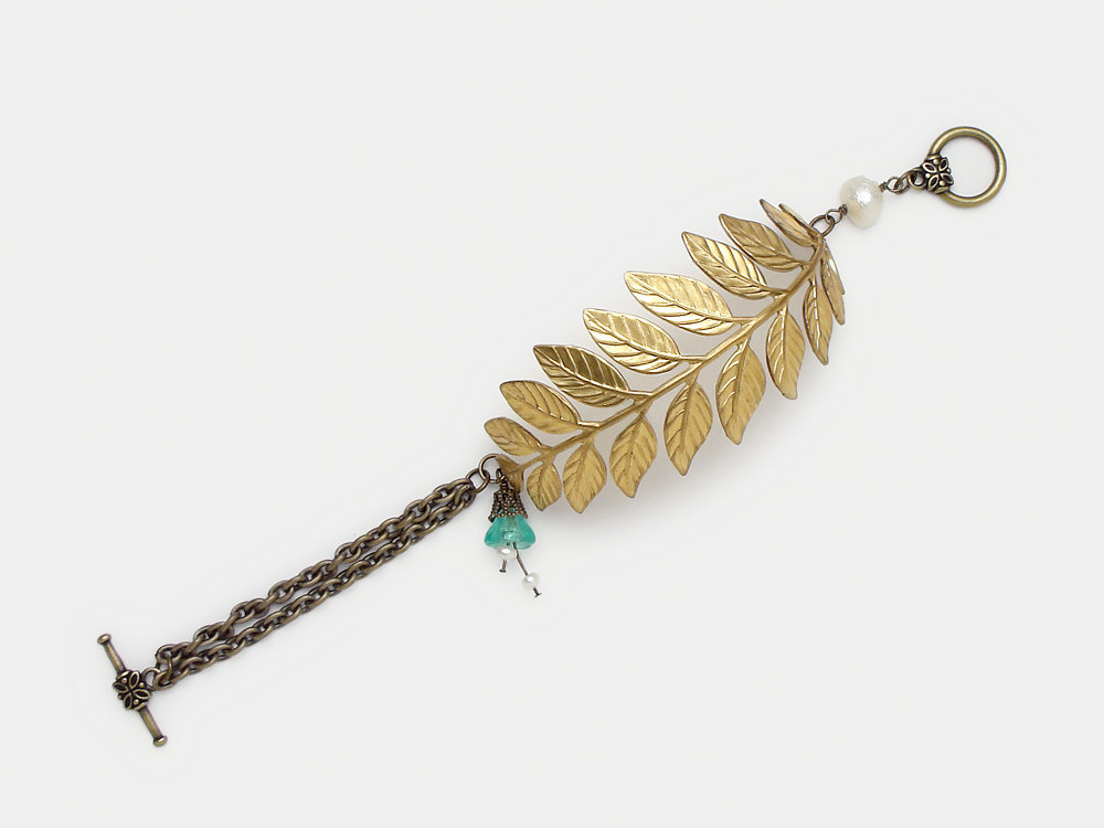 Antiqued gold brass fern leaf bracelet genuine pearls aquamarine blue glass flower filigree jewelry
