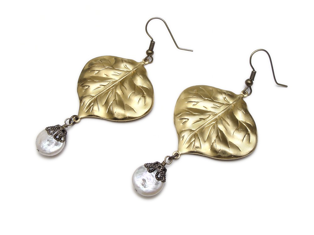 Antiqued gold brass leaf dangle earrings with genuine white coin pearls capped in filigree jewelry design