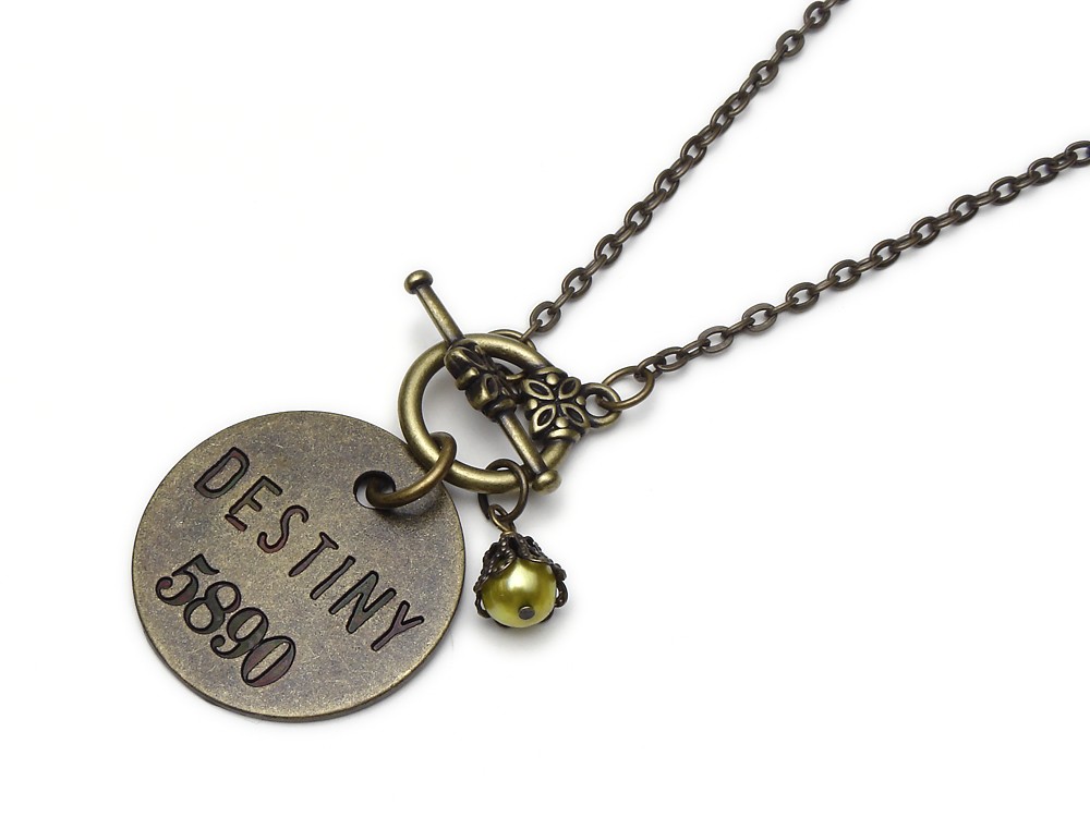 Antiqued gold Destiny charm disc coin necklace with filigree capped genuine peridot green freshwater pearl affirmation toggle clasp pendant