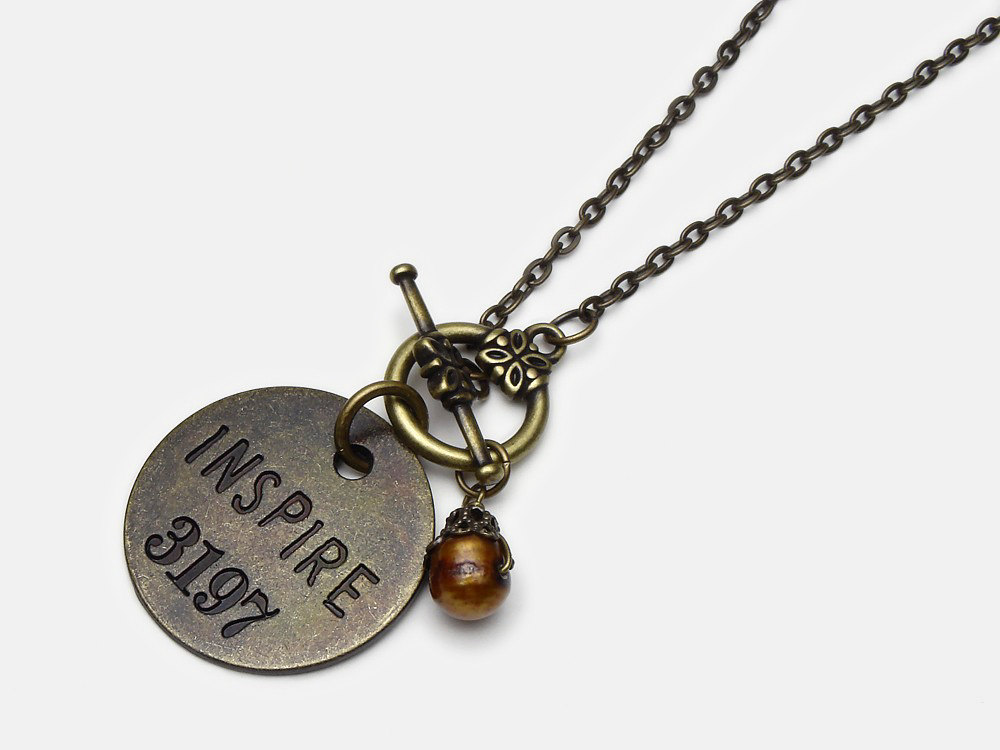 Antiqued gold Inspire charm disc coin necklace filigree genuine copper pearl affirmation pendant original