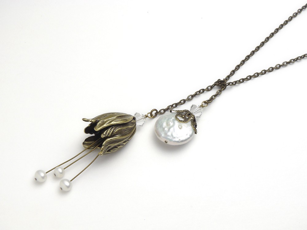 Antiqued gold Victorian brass necklace flower tulip lariat genuine white pearls filigree Swarovski crystal pendant