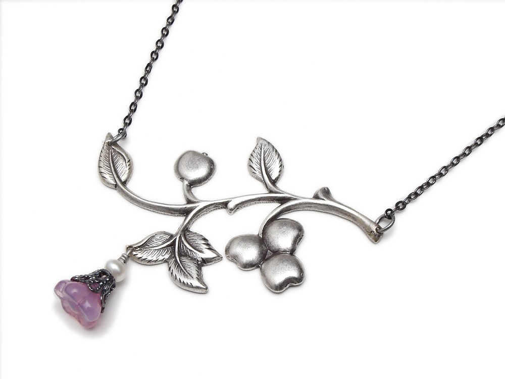 Antiqued silver cherry blossom leaf branch necklace with filigree capped genuine pearl pink opal glass flower drop jewelry