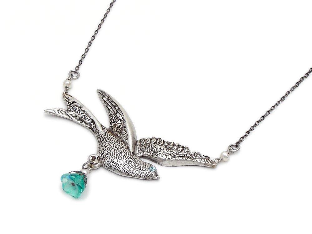 Antiqued silver flying bird swallow necklace genuine pearl filigree blue opal glass flower Swarovski crystal