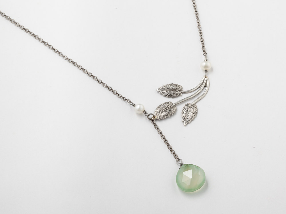 Antiqued Silver Lariat Necklace leaf pearls green Chalcedony briolette dangle drop pendant wedding jewelry
