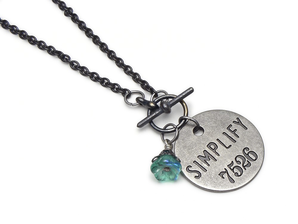 Antiqued silver Simplify charm coin necklace filigree blue opal glass flower affirmation pendant design